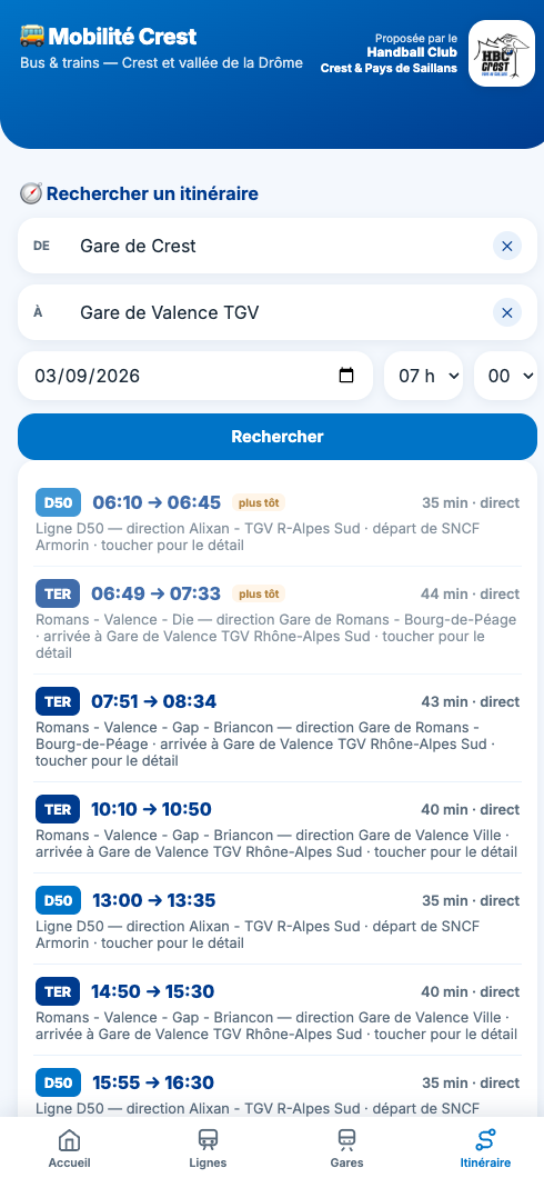 L'appli affiche l'itinéraire Gare de Crest → Gare de Valence TGV : navette D50 et trains TER, heures et durées